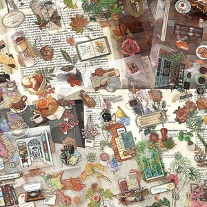 May include: A collage of decorative stickers with botanical and vintage themes. The stickers feature illustrations of plants, flowers, books, and coffee cups. Text includes "Life, the hope of wearing autumn water..." and "CAN'T STAND IT".