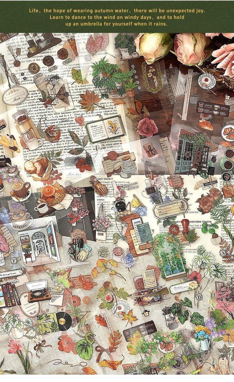 May include: A collage of decorative stickers with botanical and vintage themes. The stickers feature illustrations of plants, flowers, books, and coffee cups. Text includes "Life, the hope of wearing autumn water..." and "CAN'T STAND IT".