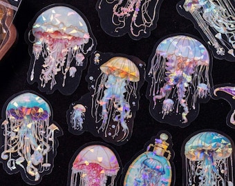 Holographic Ocean Jellyfish Stickers – Iridescent Sea Life PET Vinyl Stickers for Journal, Scrapbooking, Laptop & Water Bottle Decor 20pcs
