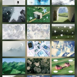 Op de afbeelding: Een collage van 18 afbeeldingen, elk met een uniek achtergrondontwerp. De afbeeldingen tonen diverse thema's, waaronder surrealistische landschappen, hemelse motieven en vintage elektronica. De tekst bovenaan luidt "18 Pages Writable Background Paper."