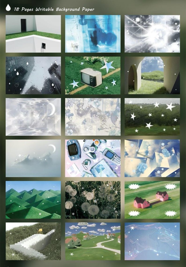 Op de afbeelding: Een collage van 18 afbeeldingen, elk met een uniek achtergrondontwerp. De afbeeldingen tonen diverse thema's, waaronder surrealistische landschappen, hemelse motieven en vintage elektronica. De tekst bovenaan luidt "18 Pages Writable Background Paper."