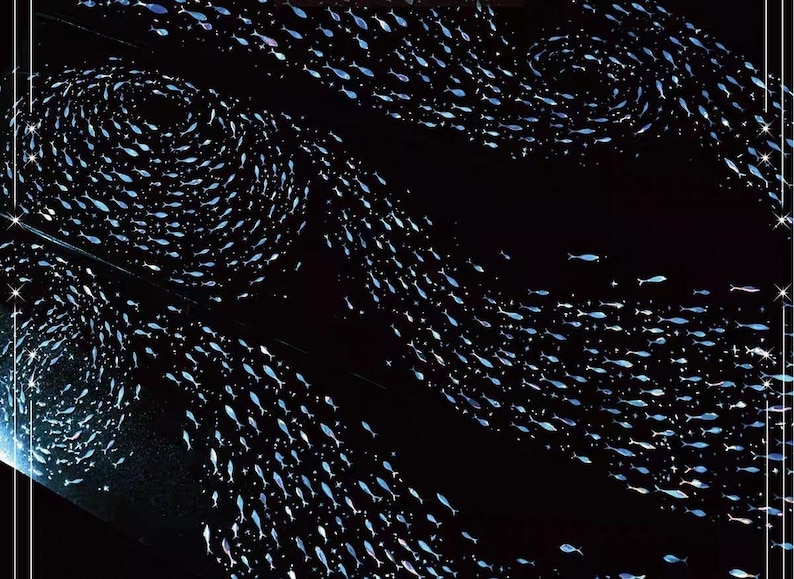 May include: An abstract image of a dark background with swirling patterns of small, light blue fish. The fish appear to be swimming in schools, creating a dynamic and visually appealing design. The overall effect is reminiscent of a starry night sky.