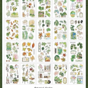 May include: A collection of botanical-themed stickers with various designs, including plants, leaves, and garden scenes. The stickers are arranged on white sheets, with the text "Botanical Garden" and "20 Designs, 20 Pages Page Size: 4.1*5.8 in" visible.
