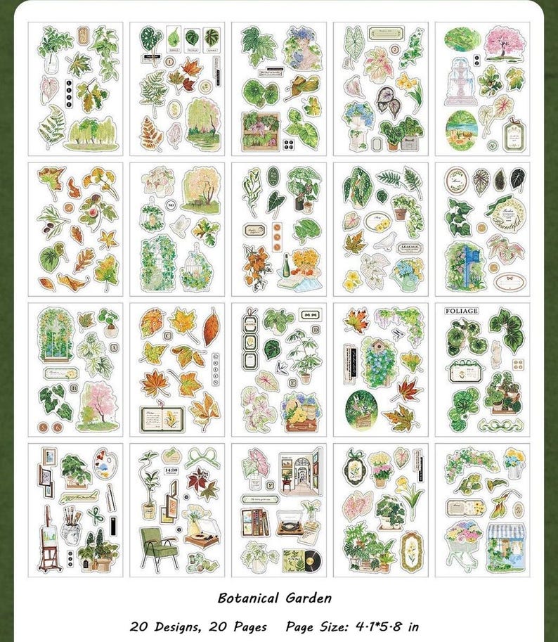 May include: A collection of botanical-themed stickers with various designs, including plants, leaves, and garden scenes. The stickers are arranged on white sheets, with the text "Botanical Garden" and "20 Designs, 20 Pages Page Size: 4.1*5.8 in" visible.