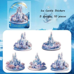 Ice Castle fantasy stickers – blue holographic palace design , PET stickers for journaling and card making.