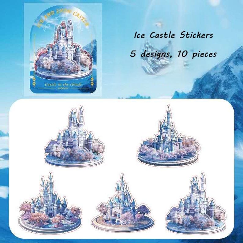 Ice Castle fantasy stickers – blue holographic palace design , PET stickers for journaling and card making.