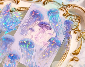 Holographic Jellyfish Stickers Pack – Winter Ocean Aesthetic PET Stickers for Journaling, Scrapbooking & Christmas Holiday Decor 20pcs