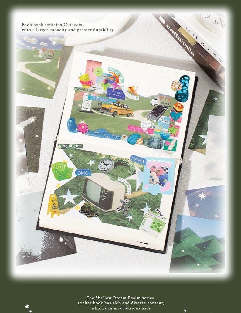 Op de afbeelding: Open stickerboek met kleurrijke collage-achtige afbeeldingen. De pagina's bevatten verschillende stickers, waaronder een gele taxi, een vintage tv en tekst met de tekst "OMG" en "HAHA". De tekst "Elk boek bevat 72 vellen" is ook zichtbaar.