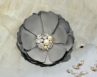Grey Platinum Hair Accessories, Crystal Embellished, Wedding Flower Comb, Shoe Clips, Fabric Brooch Pin for a Bride, Bridesmaid Gift, Kia