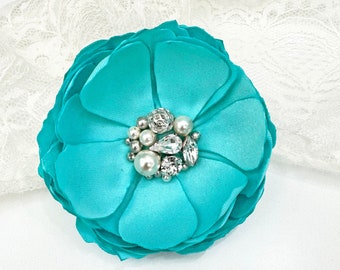 Blue Radiance Turquoise Hair Accessories, Shoe Clip, Brooch Satin Flowers Embellished with Sparkling Crystals, Pearls, Bridesmaids Gift, Kia