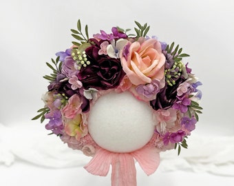 Pink Purple Bonnet, Magenta Flower Bonnet, Blooming Sitter Bonnet, Toddler Cotton Floral Cap, Baby Shower Gift, Photo Prop, New Mom Gift