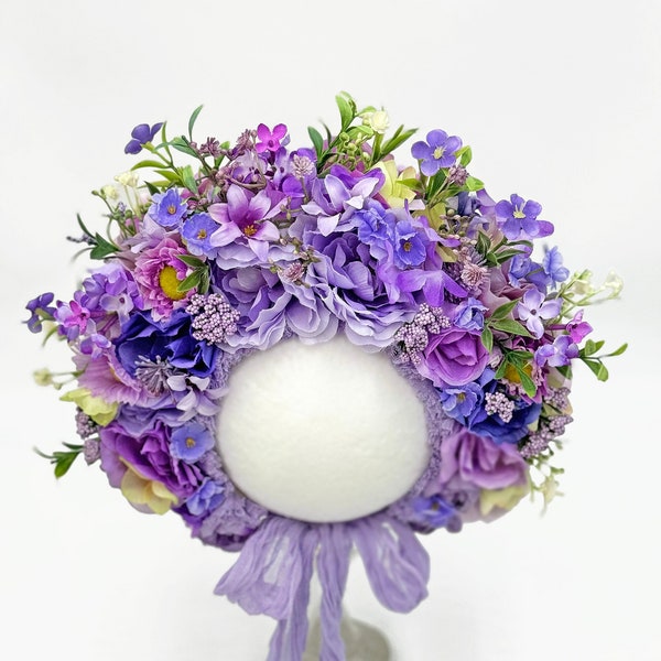 Purple Lavender Bonnet, Baby Bonnet, Silk Flowers Sitter Bonnet, Floral Newborn Photo Prop, Floral Bonnet, Cotton Floral Cap, Birthday Gift