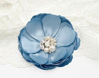 French Blue Satin Flowers, Accessories in Light Blue With Sparkling Crystal, Pearl Brooch, Hair Pin, Shoe Clip for a Bride, Bridesmaid, Kia
