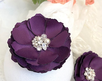 Eggplant Purple Hair Clips, Shoe Clips, Brooch for a Bride, Bridesmaid Gift, Photo Prop - Fabric Flower Lapel Pin, Crystals and Pearls - Kia