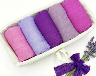 5 Purple Cheesecloth Newborn Photo Props Set, Hand Dyed Lavender Basket Stuffer, Rustic Cotton Photography Wraps Boho Table Runner