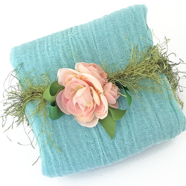 Pale Aqua Newborn Photography Prop - Cheesecloth Wrap and Pink Rose Headband Head Tie Set for Photo Prop Posing, Baby Shower Gift