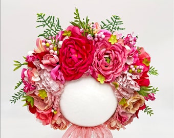 Pink Flower Newborn Bonnet - Fuchsia Sitter Bonnet for Baby Girl - Rose, Peony for Toddler Cotton Cap, Infant Photo Prop - Baby Shower Gift