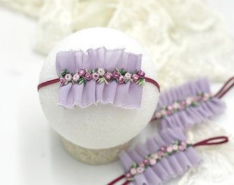 Mauve Headband for Baby Girls, Lavender Ruffle Newborn Photo Prop, Mauve Rose Trim Infant Crown, Halo Band for New Baby, Baby Shower Gift