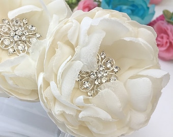 Ivory Flower Hair Clip, Cream Shoe Clips, Crystal Center Brooch Pin, Satin Chiffon Fabric Flowers Bridal Hairpiece, Bridesmaid Gift, Ana
