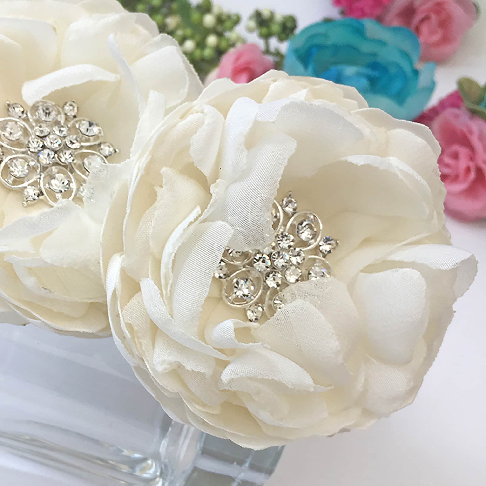 Ivory Satin Flower Hair Clip or brooch with Rhinestone Trim Ivory Satin Bridal Flower Brooch, Pearl Crystal Hair Clip - Etsy main image 3