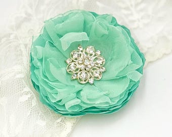 Seafoam Green Satin Chiffon Fabric Flower Shoe Clips, Mint Bridal Hair Clip Brooch, Wedding Dress Sash Flower Rhinestone Accent Headband Ana