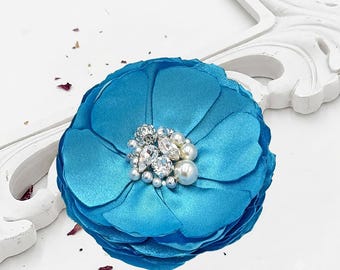 Handmade Aqua Kia Satin Fabric Flower Hair Clip, Brooch, Shoe Clips – Bridal & Special Event Accessory