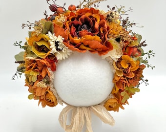 Fall Colors with Sun-kissed Wispy Burnt Oranges, Reds, Caramel Rust Flowers Sitter Bonnet, Fall Newborn Photo Prop, Floral Cap, Baby Shower