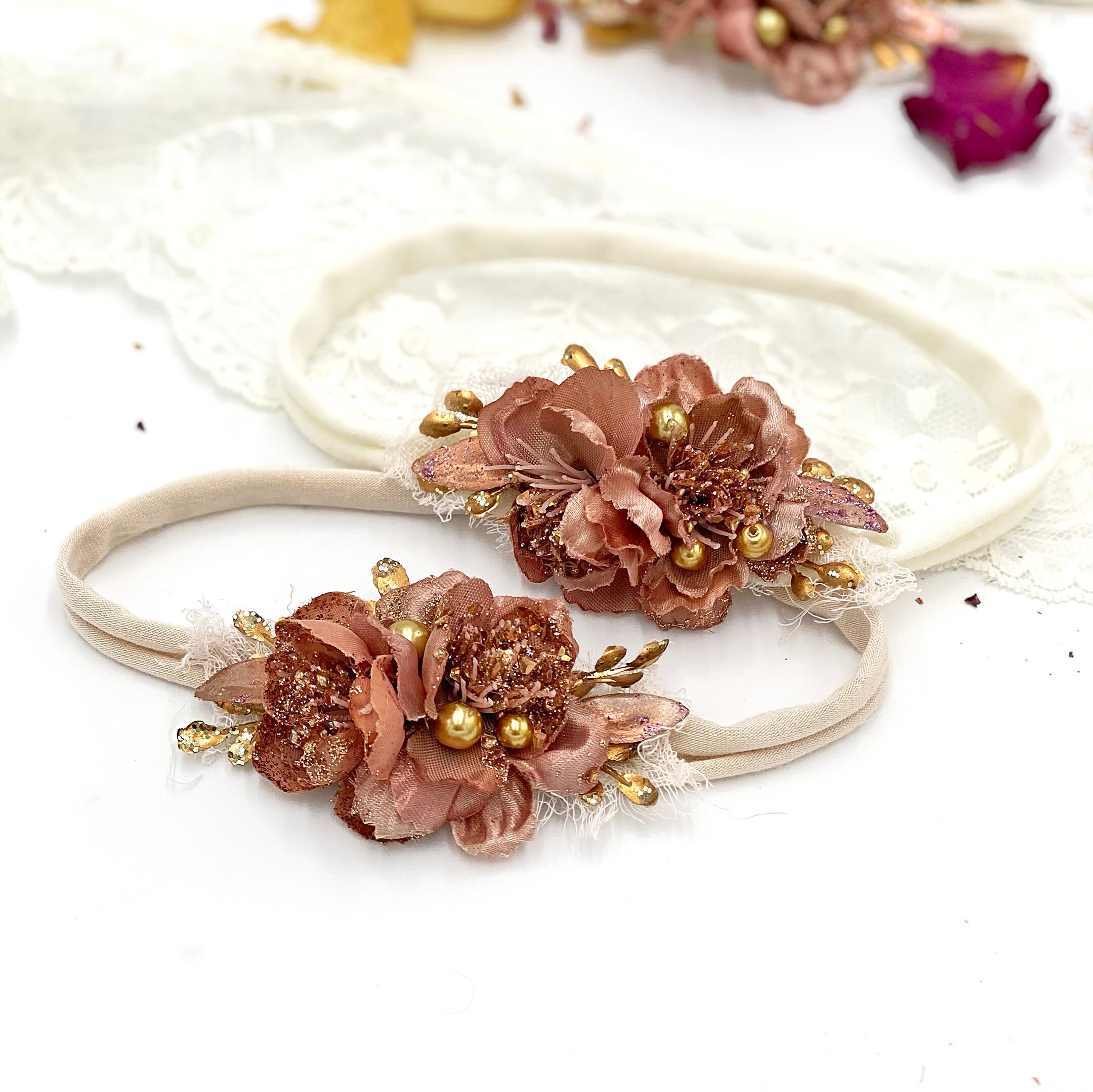 Rose Gold Flower Headband Flower Girl Headband Antique Gold Etsy