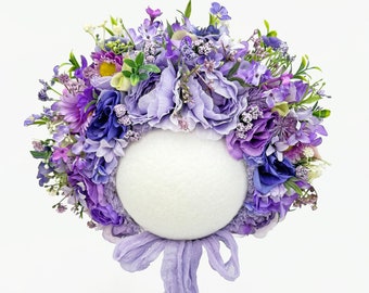 Purple Lavender Bonnet, Baby Bonnet, Silk Flowers Sitter Bonnet, Floral Newborn Photo Prop, Floral Bonnet, Cotton Floral Cap, Birthday Gift