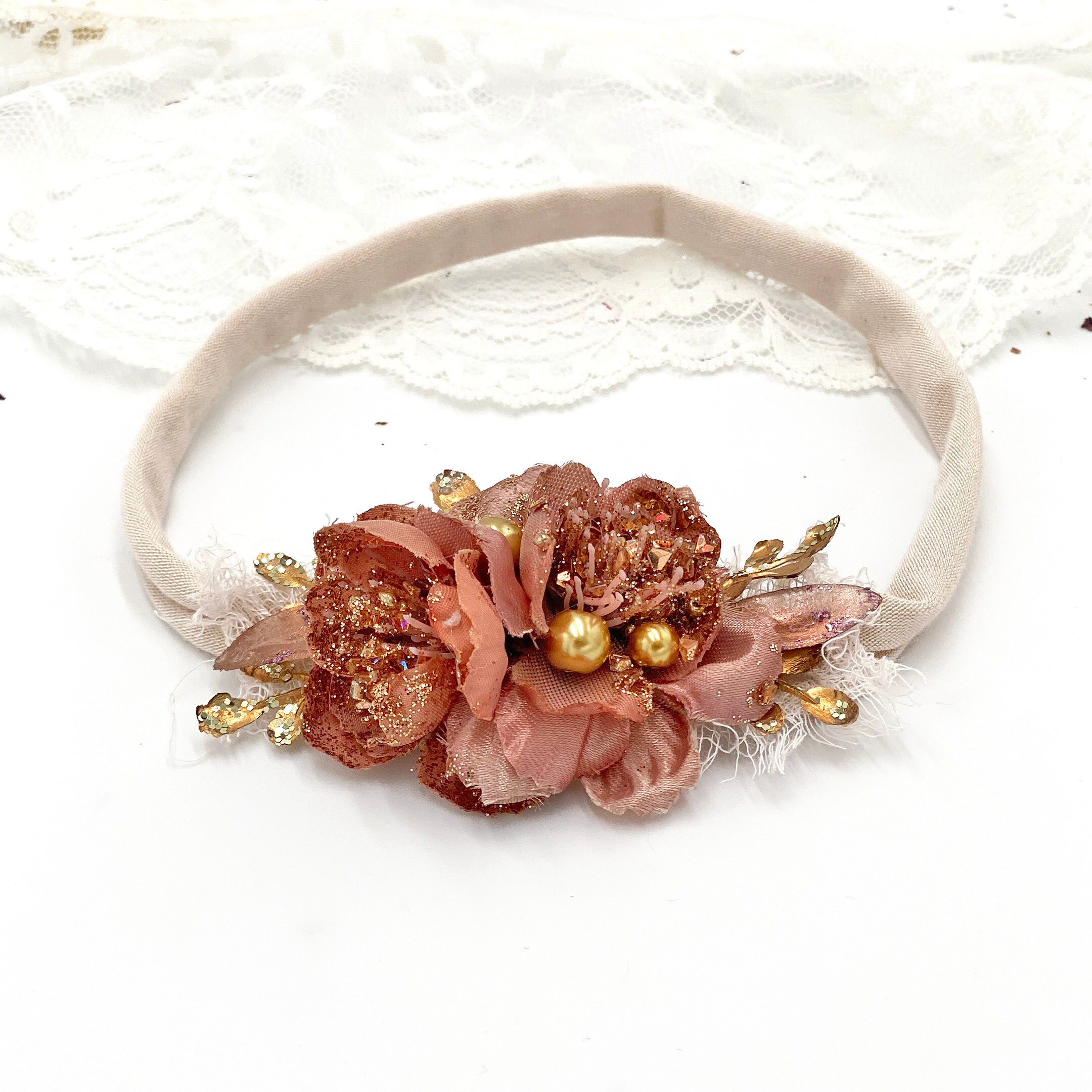 Rose Gold Flower Headband Flower Girl Headband Antique Gold Etsy