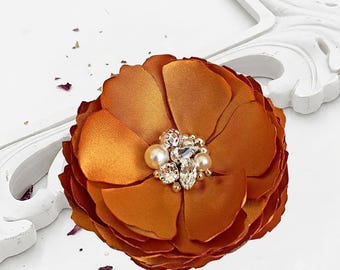 Burnt Orange Satin Flower Shoe Clips, Crystal & Pearl Hair Comb, Fall Wedding Brooch Pin, Bridesmaid Gift, Handmade Floral Accessory, Kia