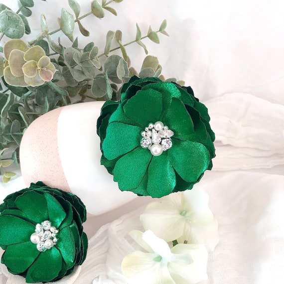 Fabric Flower Brooch Dark Green Flower Hair Clip Gentle Emerald Floral Hair Pin Fabric Flower Hair Accessory