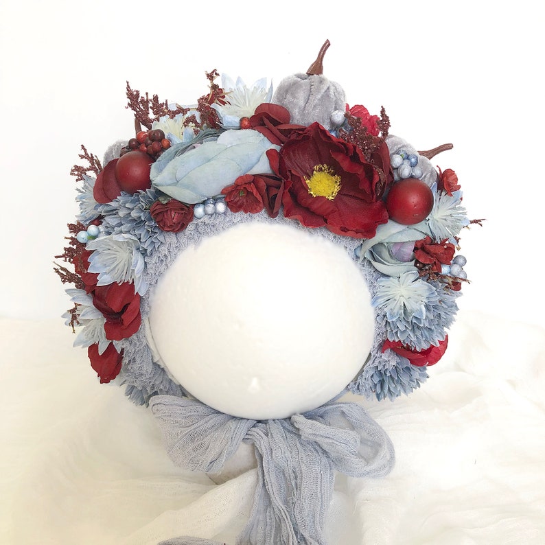 Dusty Blue Burgundy Flowers Sitter Bonnet Velvet Pumpkin image 0