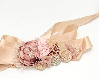 Vintage Rose blush, Champagne, Pink Fabric Flowers Sash - Swarovski Crystal and Pearls Embellished Belt is good for a Bride, Maid of Honor