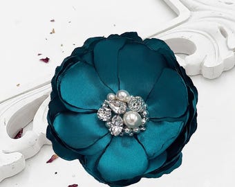 Teal Satin Fabric Flower Clip, Hand-Beaded Crystal Pearl Accessory for Bridal Sash, Wedding Shoes, Hair & Boutonniere, Bridesmaids Gift Kia