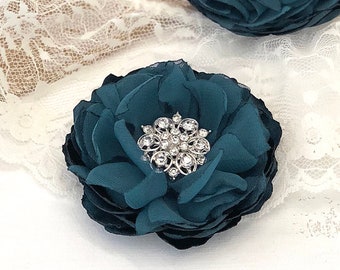 Teal Blue Hair Acessories, Green Fabric Flower with Crystal, Blue Hair Comb, Teal Shoe Clip, Blue Brooch Pins, Bridesmaid Gift, Ana