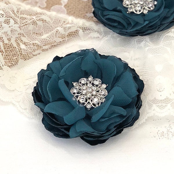 Teal Blue Hair Acessories, Green Fabric Flower with Crystal, Blue Hair Comb, Teal Shoe Clip, Blue Brooch Pins, Bridesmaid Gift, Ana