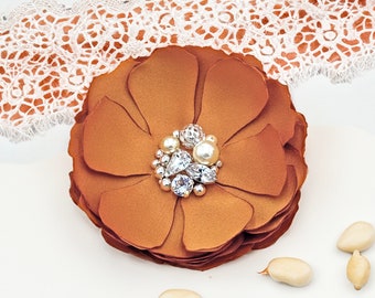 Burnt Sienna Satin Flower Accessories, Wedding Hair Comb, Shoe Clips, Hand Sewn Sparkling Crystal Embellished Brooch Pin Bridesmaid Gift Kia