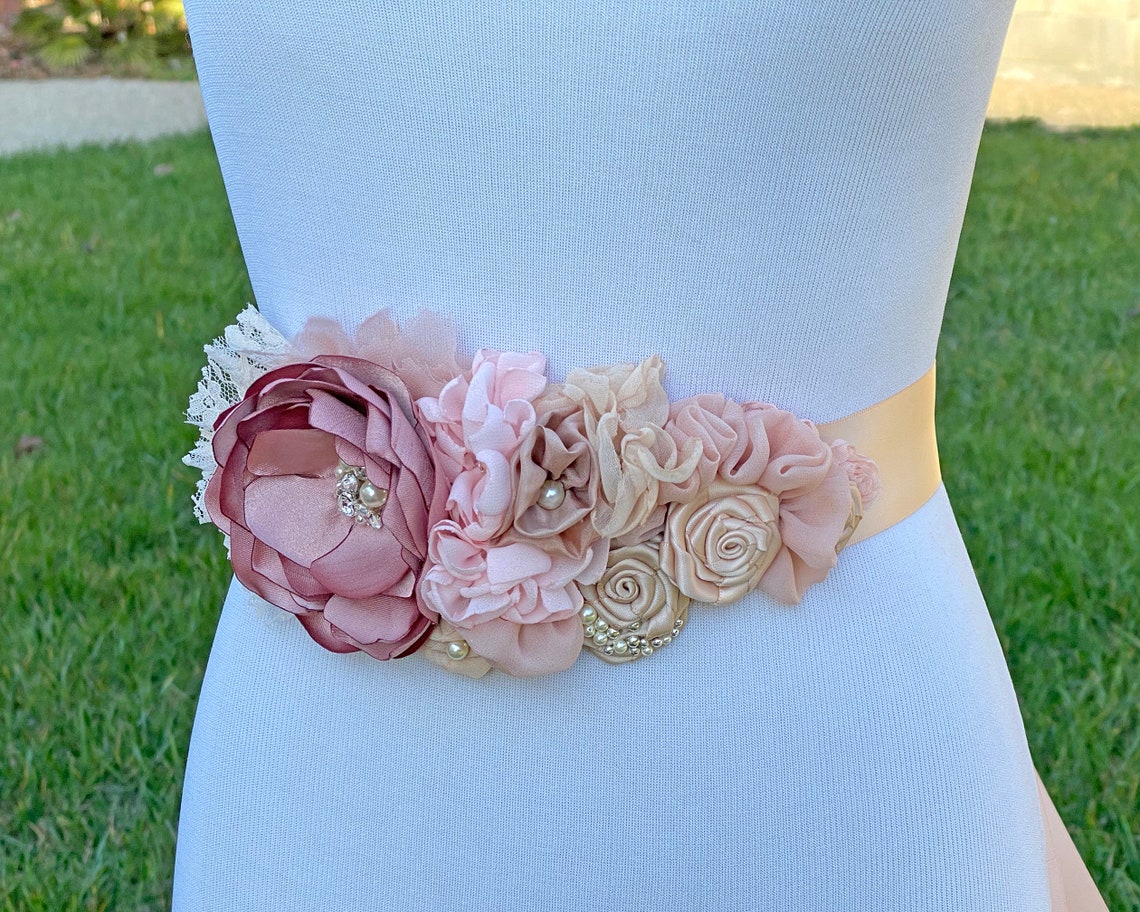 Vintage Rose Blush Champagne Pink Fabric Flowers Sash Etsy