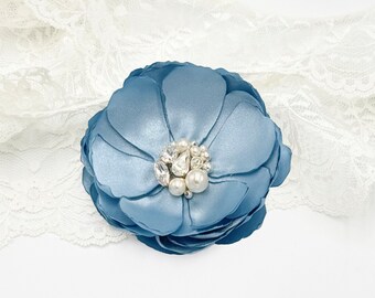 Fleurs en satin bleu français, accessoires bleu clair avec cristaux scintillants, broche perlée, épingle à cheveux, pince à chaussure pour mariée, demoiselle d'honneur, Kia