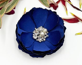 Cobalt Blue Satin Flowers, Blue Hair Pins, Brooch, Shoe Clip, Swarovski Sew on Crystal, Pearls for a Bride, Bridesmaid, Formal Occasion, Kia