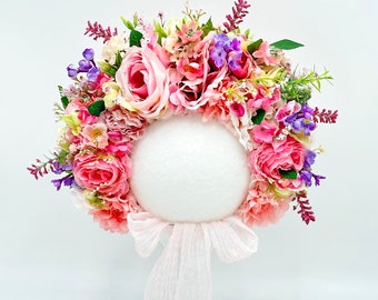 Pink Newborn Bonnet, Fuchsia Flower Bonnet, Blooming Sitter Bonnet, Toddler Cotton Floral Cap, Baby Shower Gift, Photo Prop, New Mom Gift