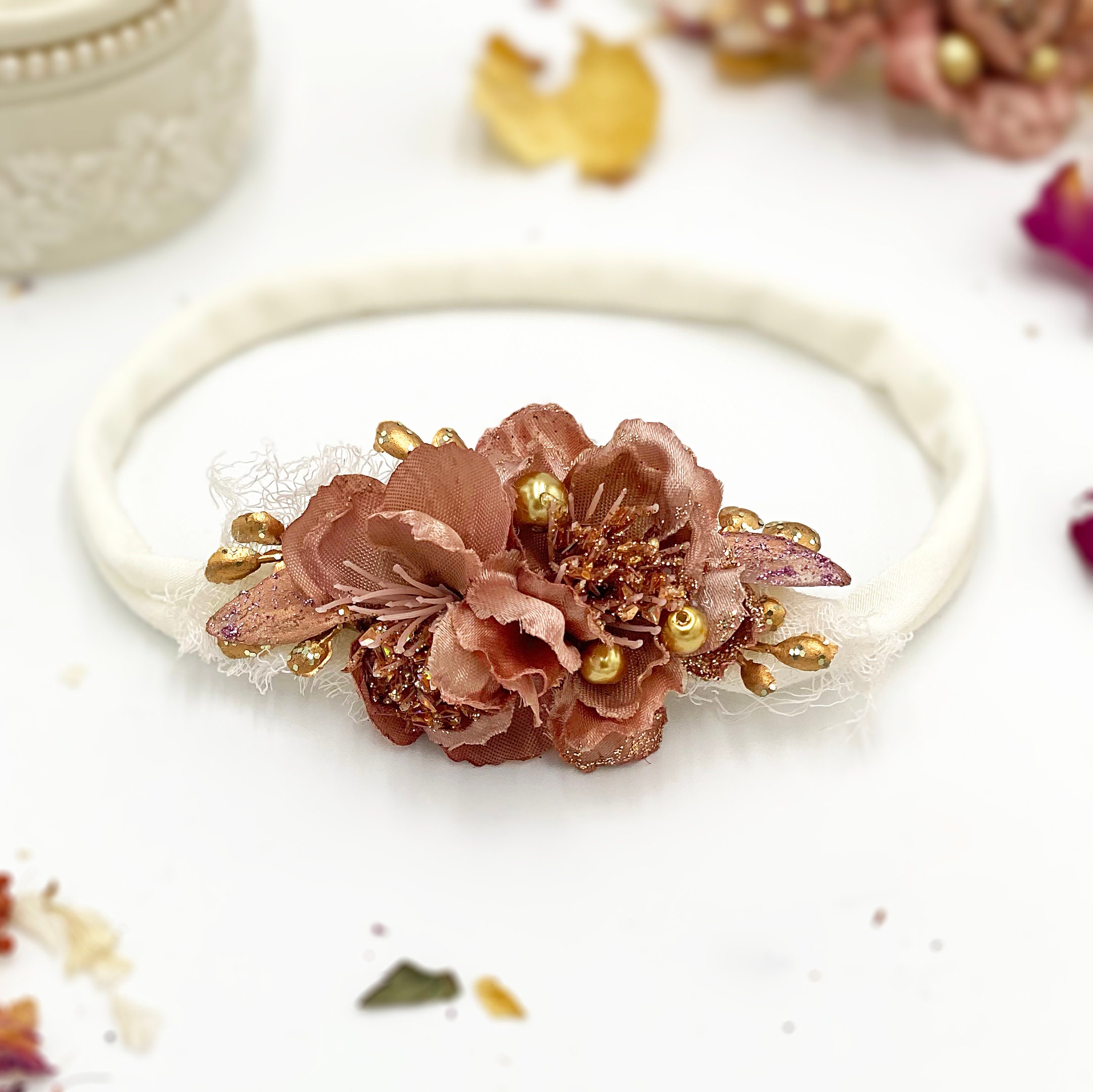 Rose Gold Flower Headband Flower Girl Headband Antique Gold Etsy