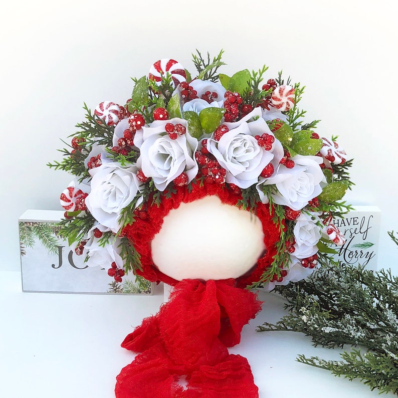 Red White Green Christmas Floral Sitter Bonnet Seasonal Candy image 0