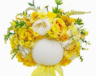 Yellow & White Floral Baby Bonnet Sitter Milestone Photo Prop Summer Sunshine Infant Cotton Cap, Rose, Peony 1st Birthday Cake Smash Hat