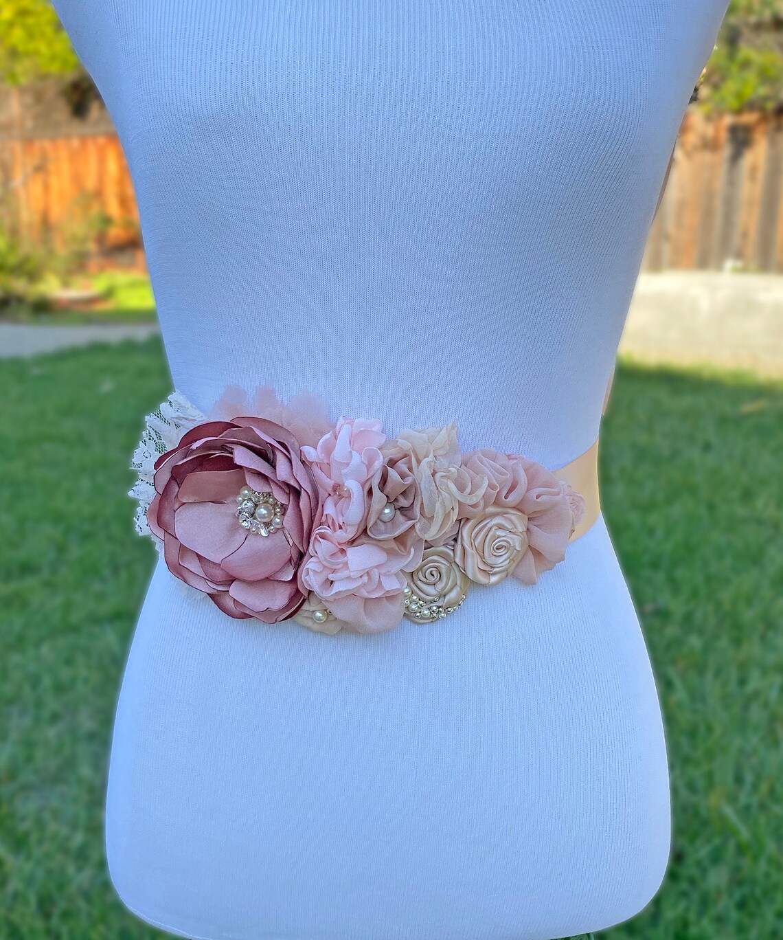 Vintage Rose Blush Champagne Pink Fabric Flowers Sash Etsy