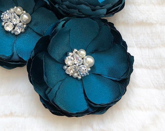 Peacock Blue Teal Flower Accessories, Swarovski Crystal & Pearls Embellished  Photo Prop, Hair, Shoe Clip, Brooch For Bride, Bridesmaid, Kia