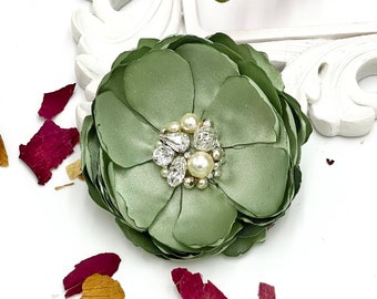Handmade Sage Satin Flower Clip, Crystal Pearl Brooch, Bridal Accessory