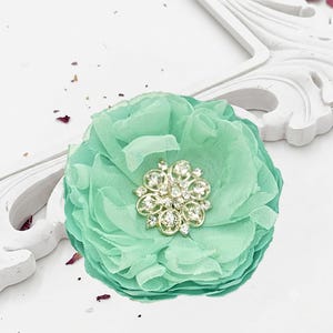 Seafoam Green Satin Chiffon Fabric Flower Shoe Clips, Mint Bridal Hair Clip Brooch, Wedding Dress Sash Flower Rhinestone Accent Headband Ana