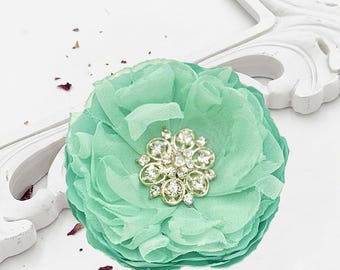Seafoam Green Satin Chiffon Fabric Flower Shoe Clips, Mint Bridal Hair Clip Brooch, Wedding Dress Sash Flower Rhinestone Accent Headband Ana
